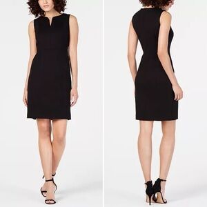 Tahari Sleeveless Structured Dress Black V-neck Sz.12 Back Zip Pull on Over knee